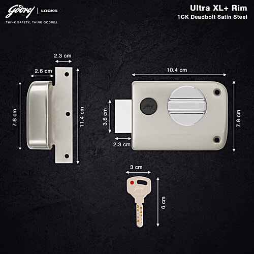 Godrej Locks Ultra XL+ 1CK Deadbolt Rim Lock With 4 Keys - Satin Nickel Finish, 1 pc