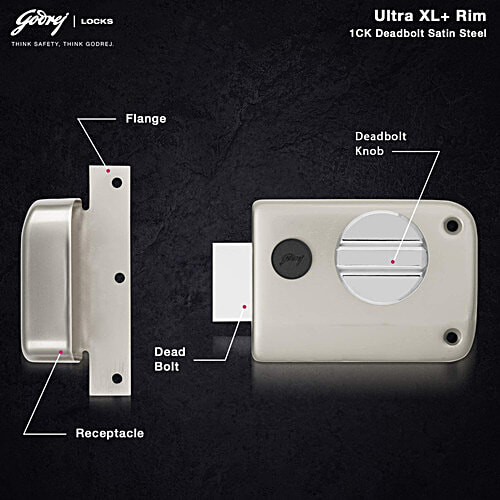 Godrej Locks Ultra XL+ 1CK Deadbolt Rim Lock With 4 Keys - Satin Nickel Finish, 1 pc