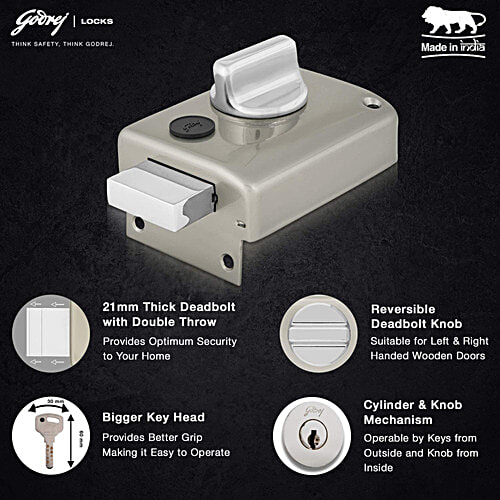 Godrej Locks Ultra XL+ 1CK Deadbolt Rim Lock With 4 Keys - Satin Nickel Finish, 1 pc