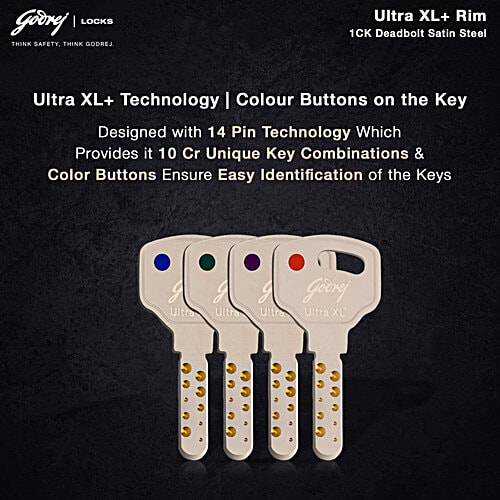 Godrej Locks Ultra XL+ 1CK Deadbolt Rim Lock With 4 Keys - Satin Nickel Finish, 1 pc