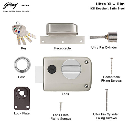 Godrej Locks Ultra XL+ 1CK Deadbolt Rim Lock With 4 Keys - Satin Nickel Finish, 1 pc