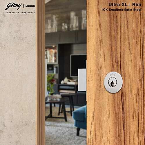 Godrej Locks Ultra XL+ 1CK Deadbolt Rim Lock With 4 Keys - Satin Nickel Finish, 1 pc