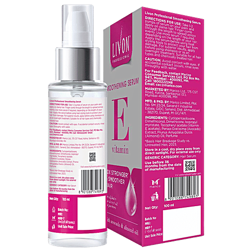 Livon Smoothening Serum Vitamin E With Avocado & Almond Oil, 100 ml  10X Stronger & Smoother Hair, No Sulphates, No Mineral Oil, No Parabens