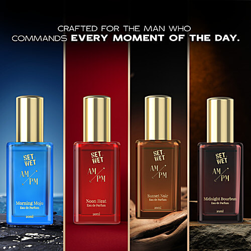 Set Wet AM/PM Eau De Parfum - Morning Mojo, Noon Heat, Sunset Noir, Midnight Bourbon, 80 ml (4x20 ml) AM/PM Gift Set Premium Scent With Long Lasting Fragrance Perfume For Men