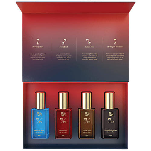 Set Wet AM/PM Eau De Parfum - Morning Mojo, Noon Heat, Sunset Noir, Midnight Bourbon, 80 ml (4x20 ml) AM/PM Gift Set Premium Scent With Long Lasting Fragrance Perfume For Men
