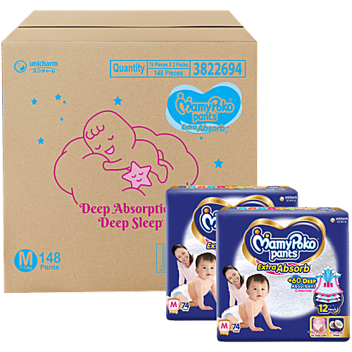 Mamypoko Pants Extra Absorb Diapers - M, 7-12 kg, 74 pcs (Pack of 2) 