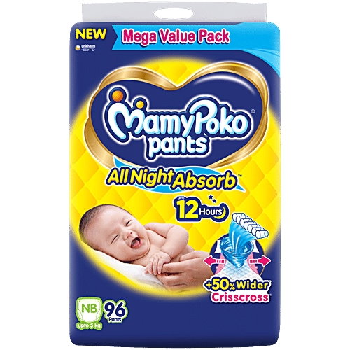 Mamypoko Pants All Night Absorb Diapers - NB, Upto 5 kg, 96 pcs  