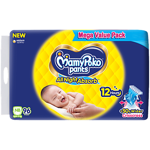 Mamypoko Pants All Night Absorb Diapers - NB, Upto 5 kg, 96 pcs  