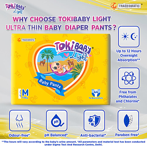 Tokibaby Light Ultra-Thin Pull Up Baby Diaper Pants - M, 5 To 12 Months, 7 To 12 Kg, 44 pcs For Boys & Girls