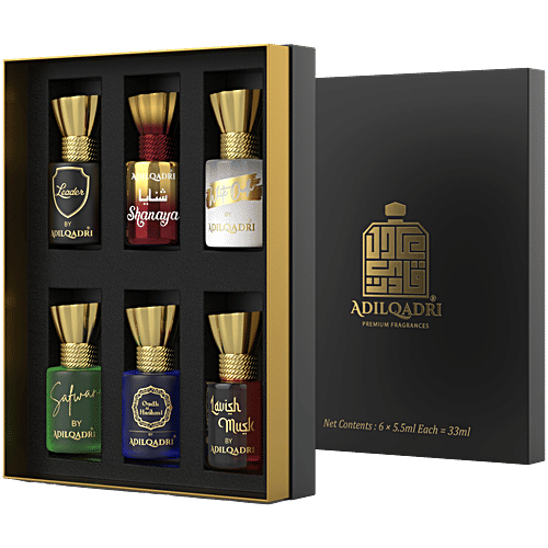 Adilqadri Premium Fragrances Non-Alcoholic Attar Perfume For Men & Women - Assorted, 33 ml (6x5.5ml) Leader, Shanaya, White Oudh, Safwan, Oudh Al Hashmi, Lavish Musk