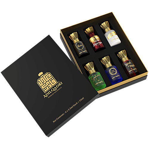 Adilqadri Premium Fragrances Non-Alcoholic Attar Perfume For Men & Women - Assorted, 33 ml (6x5.5ml) Leader, Shanaya, White Oudh, Safwan, Oudh Al Hashmi, Lavish Musk