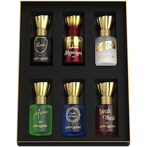 Adilqadri Premium Fragrances Non-Alcoholic Attar Perfume For Men & Women - Assorted, 33 ml (6x5.5ml) Leader, Shanaya, White Oudh, Safwan, Oudh Al Hashmi, Lavish Musk