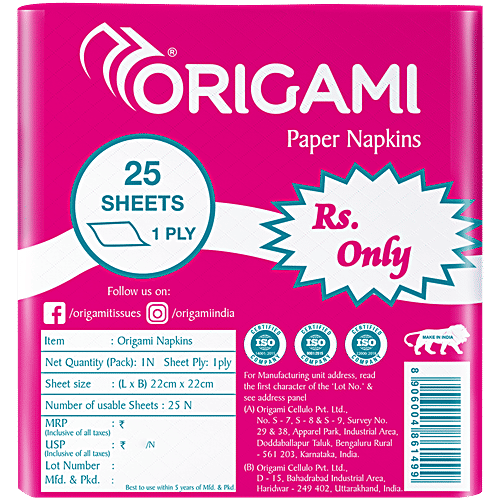 Origami Paper Napkin Sheets - 1 Ply, 25 pcs  Safe for All Skin Types