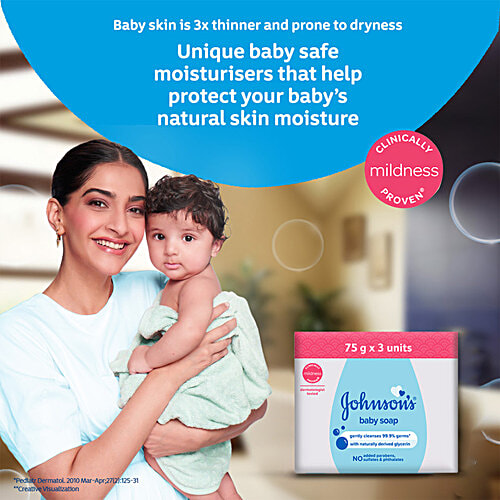 Johnson's baby Baby Soap, 225 g (3x75g) Gently Cleanses 99.9% Germs With Naturally Derived Glycerin, No Added Parabens, No Sulphates & Phthalates