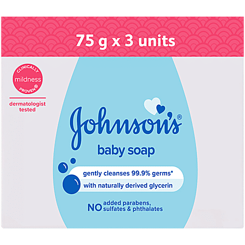 Johnson's baby Baby Soap, 225 g (3x75g) Gently Cleanses 99.9% Germs With Naturally Derived Glycerin, No Added Parabens, No Sulphates & Phthalates