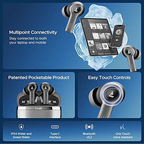 boAt Nirvana Iris Wireless Earphones With Mic - Crystal Black, 1 Unit  Multipoint Connectivity, 120H Battery Life, Dual EQ Modes, Up to 32 dB Active Noise Cancellation