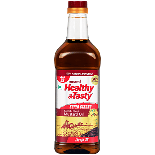 Emami Healthy & Tasty Super Strong Kachchi Ghani Mustard Oil, 900 g Pet Bottle Jhanjh 0.36