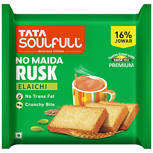 Tata Soulfull No Maida Elaichi Rusk, 250 g  16% Jowar, Crunchy