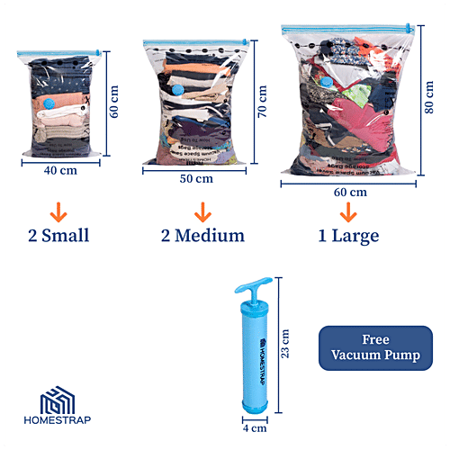 Homestrap Vacuum Storage Bags, 5 pcs (Get Free Vacuum Pump) Double Zipper, Reusable