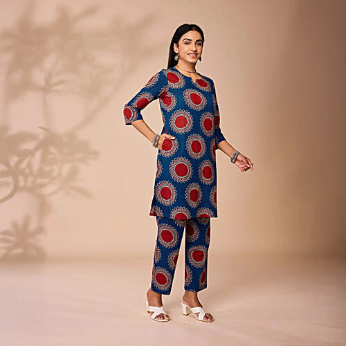 Daali Blue Cotton Regular Fit Printed Kurta, 1 Set (Size - XL)