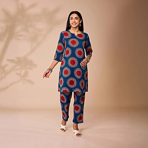 Daali Blue Cotton Regular Fit Printed Kurta, 1 Set (Size - XL)