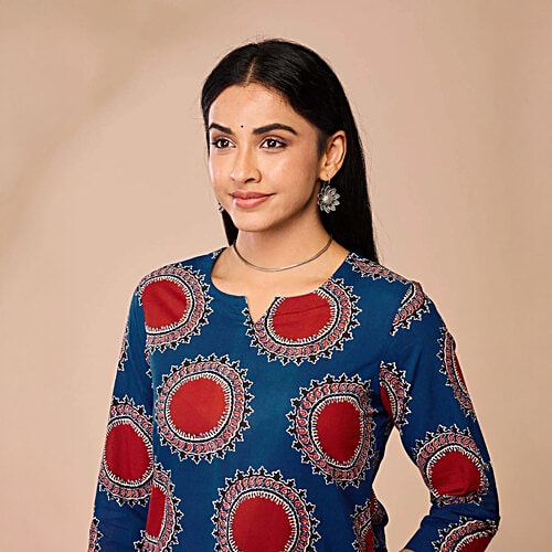 Daali Blue Cotton Regular Fit Printed Kurta, 1 Set (Size - XL)