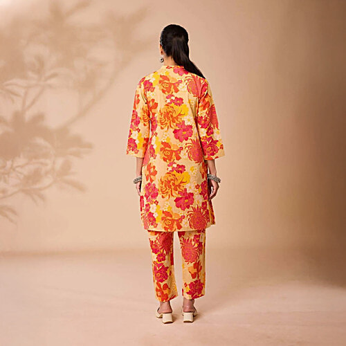 Daali Orange Cotton Regular Fit Floral Print Kurta, 1 Set (Size - XL)