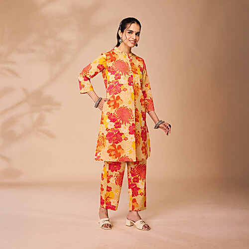 Daali Orange Cotton Regular Fit Floral Print Kurta, 1 Set (Size - XL)