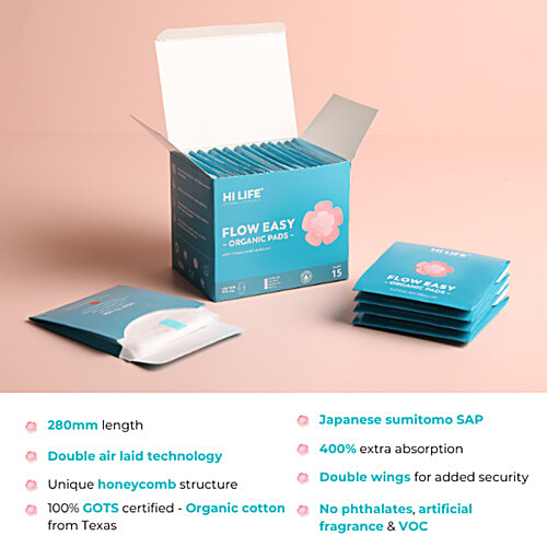 Hi Life Flow Easy Organic Sanitary Pads, 15 pcs With Honeycomb LeakLock