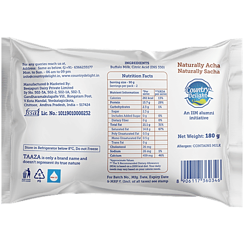 Country Delight Taaza Buffalo Paneer, 180 g  