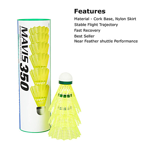 Yonex Mavis 350 Green Cap Nylon Shuttlecock - Yellow, 6 pcs  