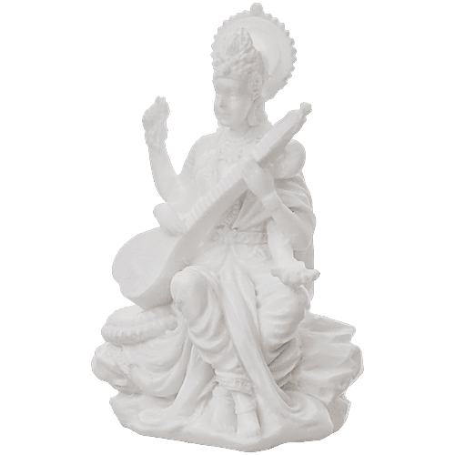 eCraftIndia White Polyresin Goddess Saraswati Idol Playing Veena – Religious Statue, 1 pc  