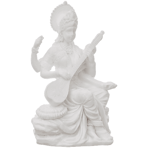 eCraftIndia White Polyresin Goddess Saraswati Idol Playing Veena – Religious Statue, 1 pc  