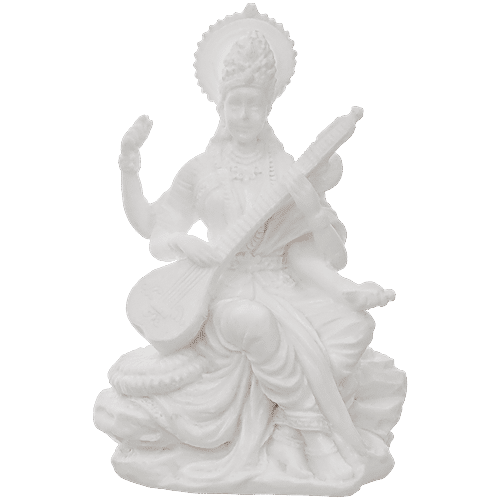 eCraftIndia White Polyresin Goddess Saraswati Idol Playing Veena – Religious Statue, 1 pc  