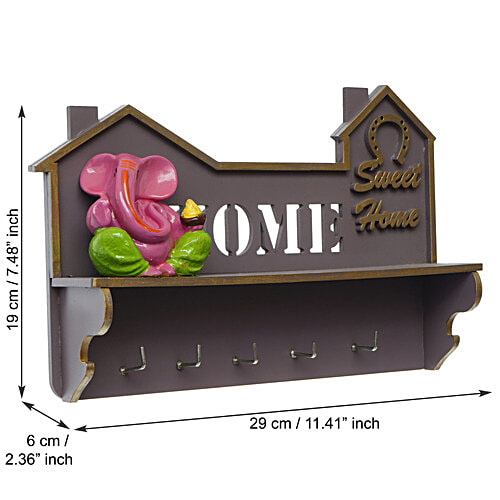eCraftIndia Lord Ganesha Idol With "Home Sweet Home" Theme – Multiutility Wooden Key Holder With 5 Hooks & Shelf, 1 pc
