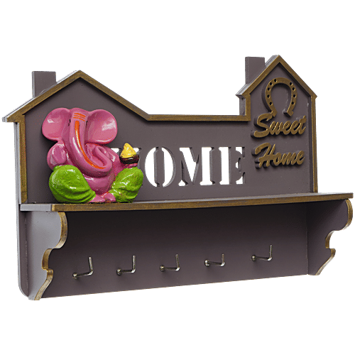 eCraftIndia Lord Ganesha Idol With "Home Sweet Home" Theme – Multiutility Wooden Key Holder With 5 Hooks & Shelf, 1 pc