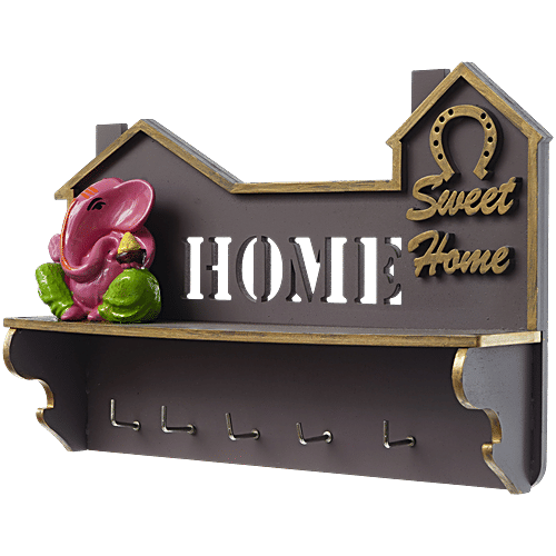 eCraftIndia Lord Ganesha Idol With "Home Sweet Home" Theme – Multiutility Wooden Key Holder With 5 Hooks & Shelf, 1 pc