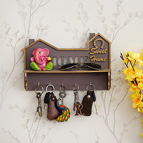 eCraftIndia Lord Ganesha Idol With "Home Sweet Home" Theme – Multiutility Wooden Key Holder With 5 Hooks & Shelf, 1 pc