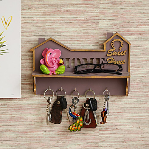 eCraftIndia Lord Ganesha Idol With "Home Sweet Home" Theme – Multiutility Wooden Key Holder With 5 Hooks & Shelf, 1 pc
