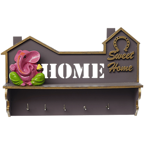 eCraftIndia Lord Ganesha Idol With "Home Sweet Home" Theme – Multiutility Wooden Key Holder With 5 Hooks & Shelf, 1 pc