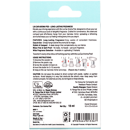 Lia Coral Blue Car Aroma Pod Hanging Air Freshener, 10 ml Lasts up to 30 Days, Spill Proof, Sleek & Compact Pod