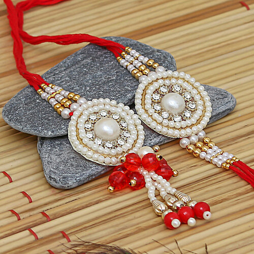 eCraftIndia "Bhaiya Bhabhi" Pearl Designer Lumba Rakhi With Roli Chawal - Red & White, 2 pcs For Brother, Bhai, Lumba Rakhi