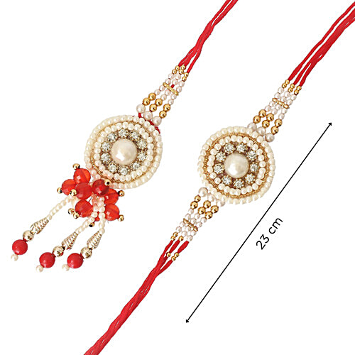eCraftIndia "Bhaiya Bhabhi" Pearl Designer Lumba Rakhi With Roli Chawal - Red & White, 2 pcs For Brother, Bhai, Lumba Rakhi