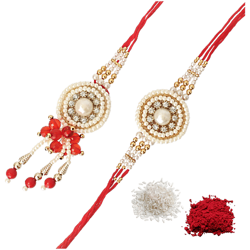 eCraftIndia "Bhaiya Bhabhi" Pearl Designer Lumba Rakhi With Roli Chawal - Red & White, 2 pcs For Brother, Bhai, Lumba Rakhi