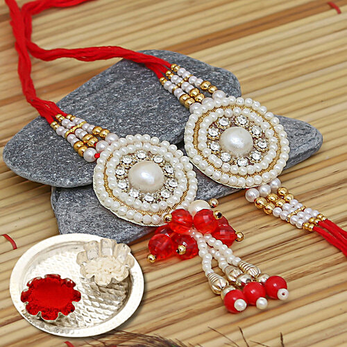 eCraftIndia "Bhaiya Bhabhi" Pearl Designer Lumba Rakhi With Roli Chawal - Red & White, 2 pcs For Brother, Bhai, Lumba Rakhi