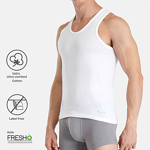 Fcuk Bat-03-WH Baton Men's Sleeveless Vest - White, 3 pcs (Size - M) 100% Ultra-Combed Cotton, Label Free