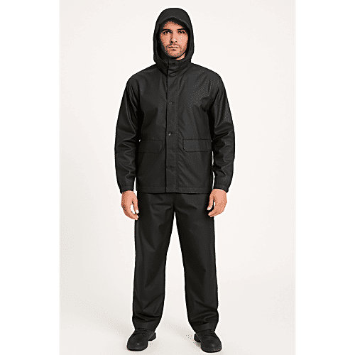 Nona Lifestyle Single Coated Upper & Lower Raincoat With Adjustable Hood & Bag - Black, 1 Set (Size - XL) PU-coated Polyester, Inner Pockets, Ideal for Bikers