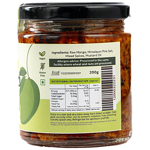 Neenu's Natural Traditional Mango Pickle, 200 g No Chemicals Added, No White Salt, Handmade, No Refined Sugar, Made with Mustard Oil & Whole Spices