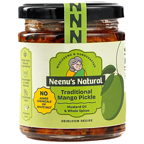 Neenu's Natural Traditional Mango Pickle, 200 g No Chemicals Added, No White Salt, Handmade, No Refined Sugar, Made with Mustard Oil & Whole Spices