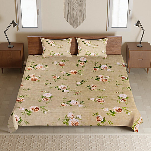 Sarangi Creations King Size Bedsheet With 2 Pillow Covers Cotton 120 TC  - Floral Design, Beige, 1 Set  